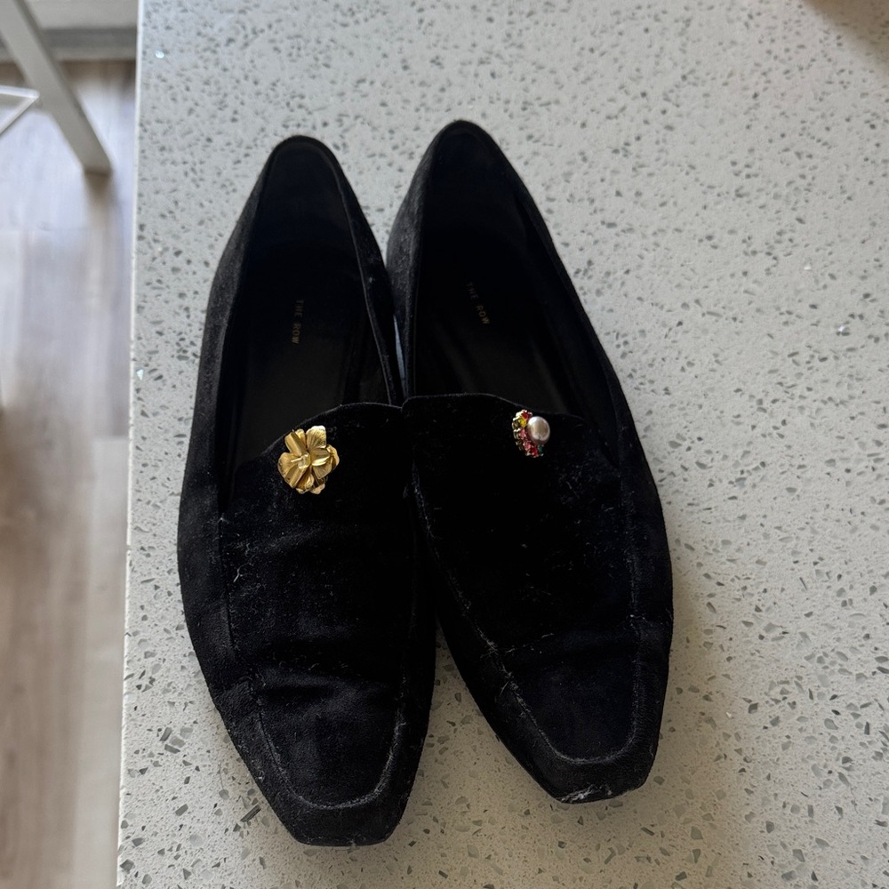 The Row Black Loafers with Gold and Pearl Accents